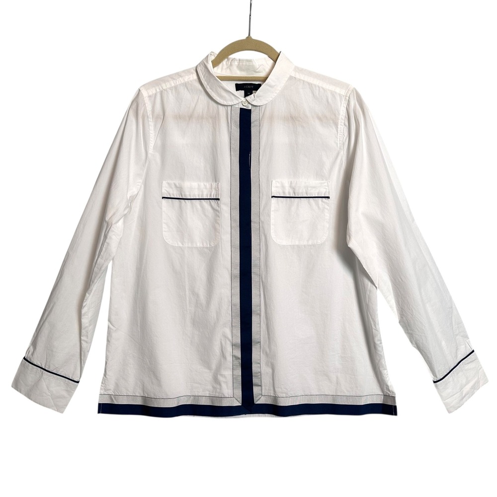 J.Crew Shirt Tipped Cotton Pajama‎ Popover White Navy Grosgrain Ribbon Trim 12